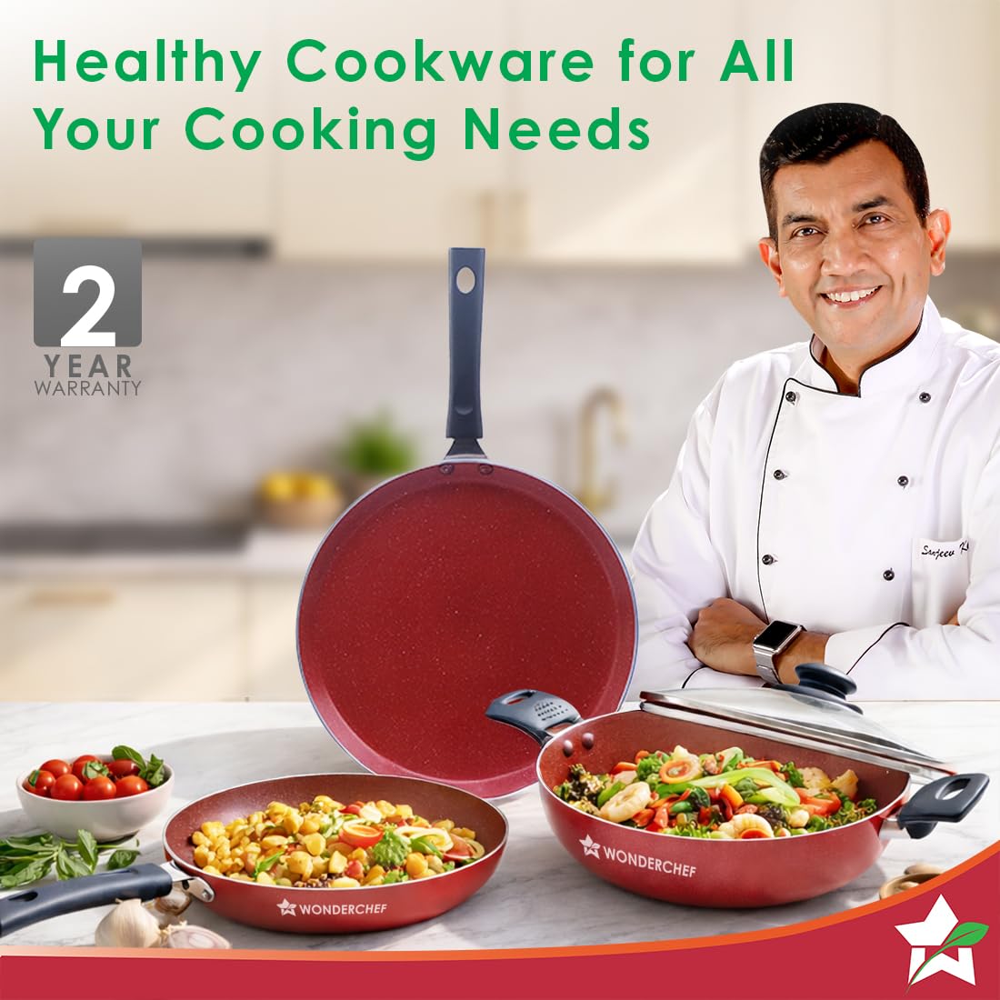 Wonderchef Valencia Non-Stick 4 Pc Cookware Set for Kitchen, Fry Pan 24cm, Kadhai with Glass Lid 24cm, Dosa Tawa 28cm, Non-Toxic PFOA Free, Gas Stove & Induction Friendly, 2-Yr Warranty, Red