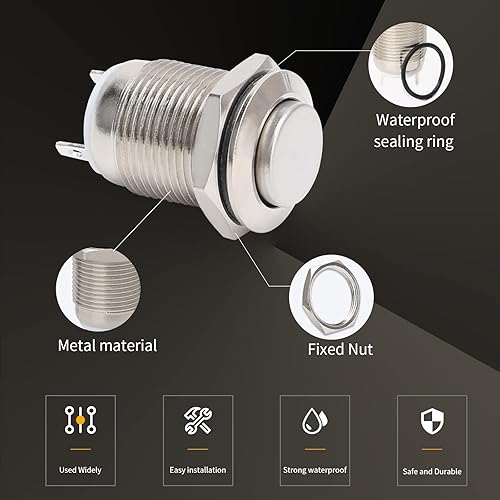 Miniatura 5 de STARELO 6 interruptores de botón momentáneos de 0.472 pulgadas, carcasa plateada, interruptor de botón impermeable IP65, acero inoxidable 1