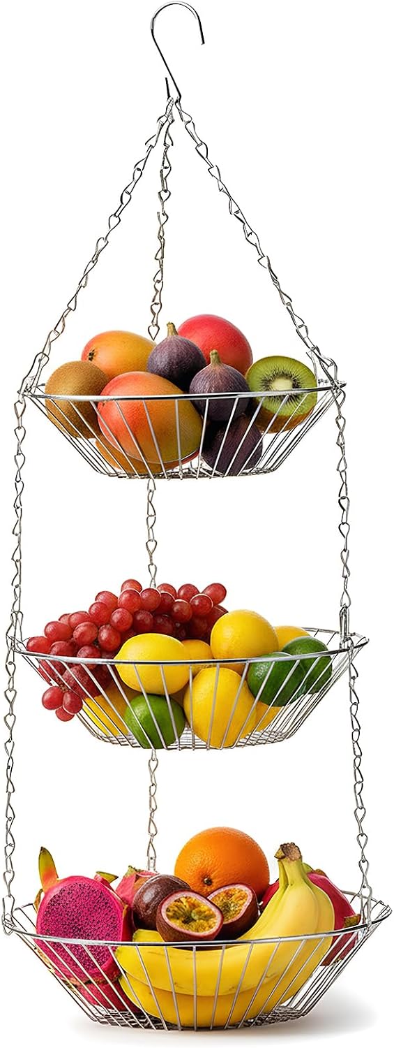 Stainless Steel Hanging Fruit Basket, Metal Hanging Fruit Basket with Hook, H x D: 74 x 28 cm, Fruit Bowl, Ideal for Storing Fruit, Vegetables, Bread and Food