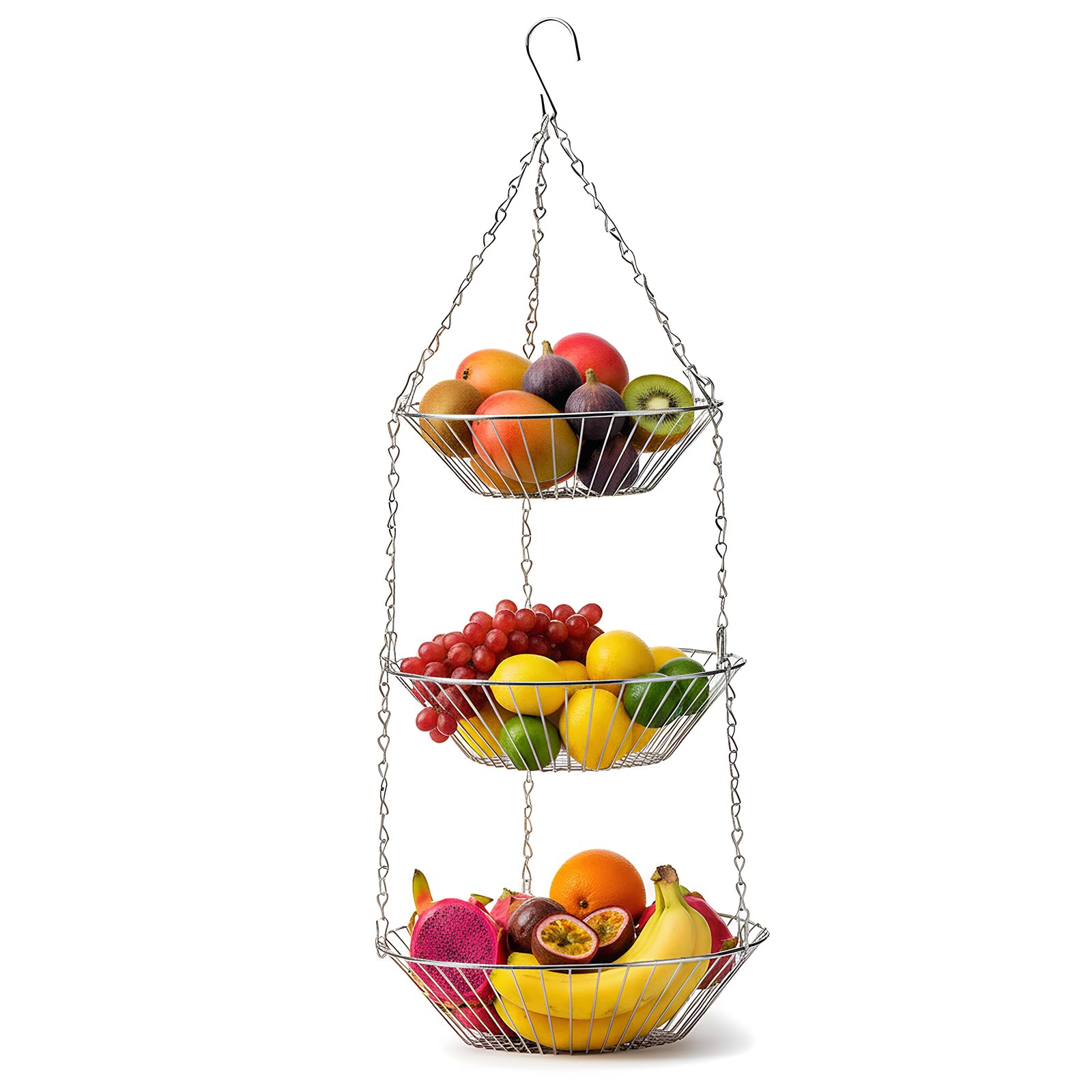 Edelstahl Hängender Obstkorb, Metall Hängender Obstkorb mit Haken, H x D: 74 x 28 cm, Obstschale, Ideal zur Aufbewahrung von Obst, Gemüse, Brot und Lebensmitteln