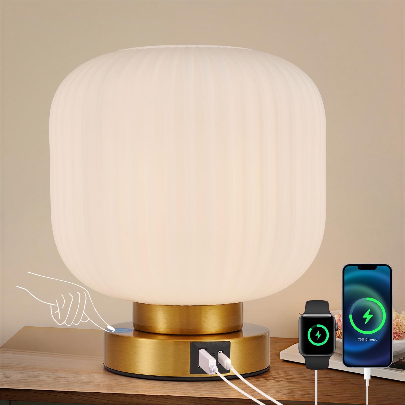 HARPER LIVING Table Lamp with USB-C & USB-A Charging Ports, Touch Control Dimmable E27 Desk Lamp, Cream Glass Shade & Brass Base Bedside Light for Bedroom Office Study (Bulb Not Included)