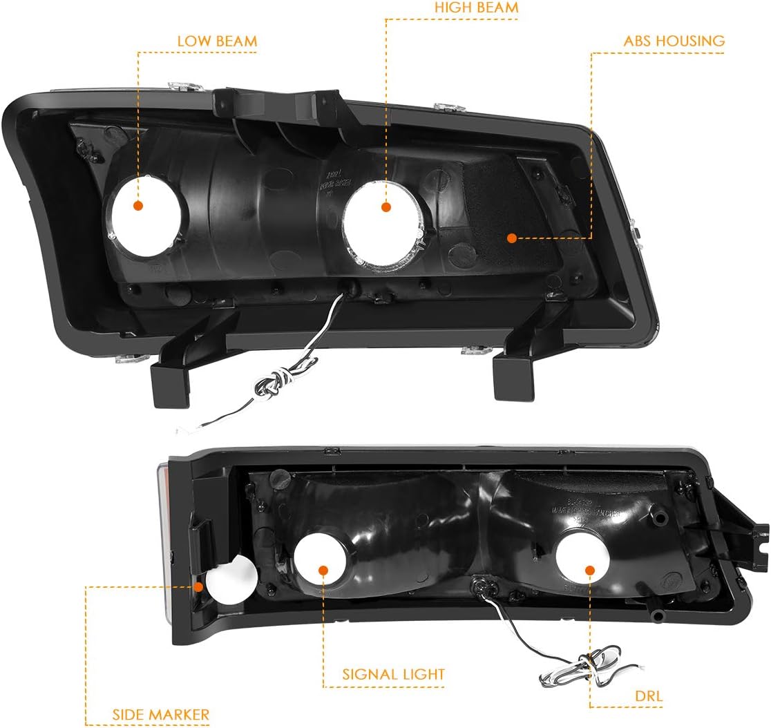 PM PERFORMOTOR [4Pcs-Set] LED DRL Headlights+Bumper Lamps Compatible with 03-07 Chevy Silverado Avalanche,Black Housing/Clear Lens