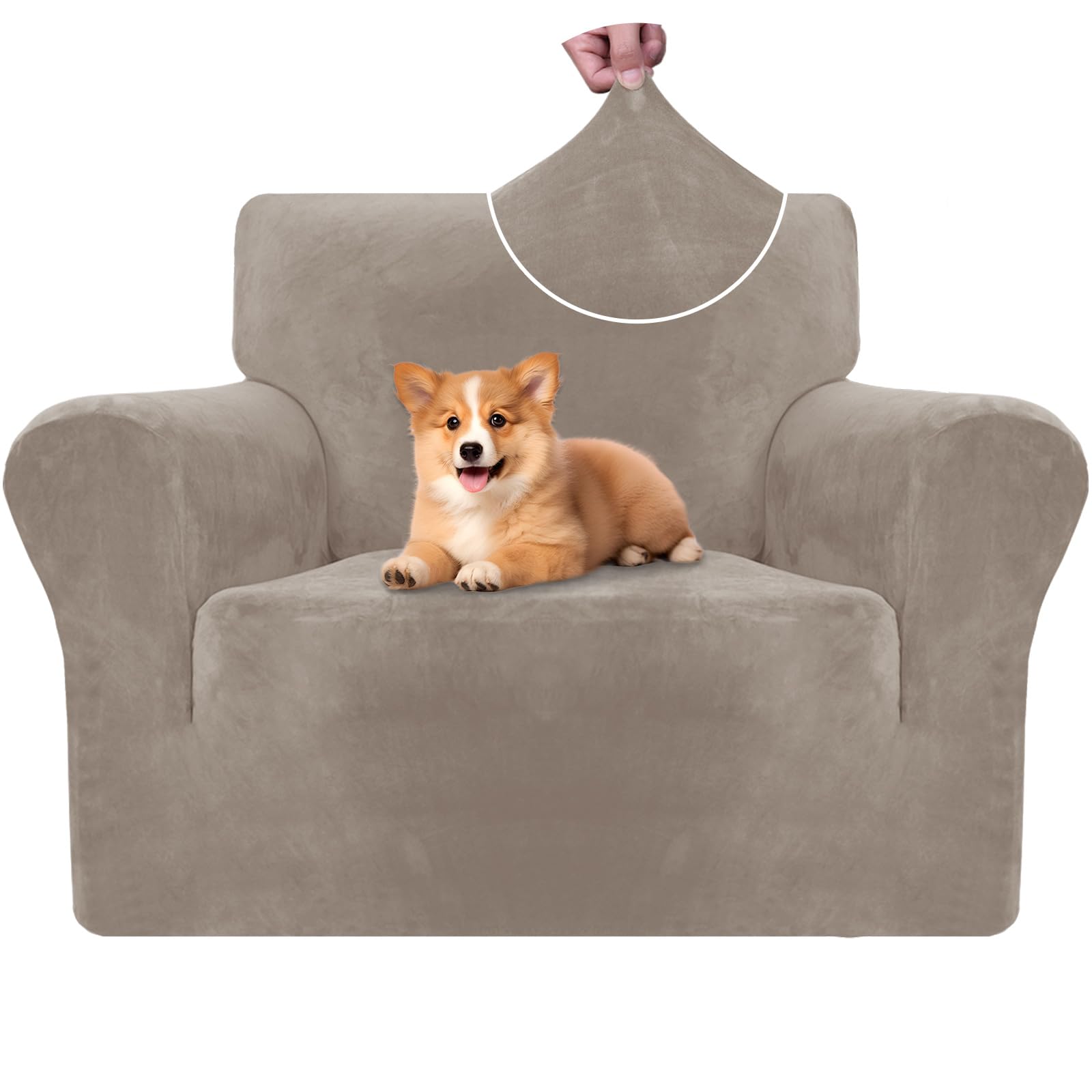 CYCMACO Samt Sofa Überzug 1 Sitzer, Sesselhusse Elastische, Couch Überzug Haustier Katze Hunde, Universal Sofa Cover Moderne, Sofahusse Mit Armlehnen, Sofaschoner rutschfest, Khaki