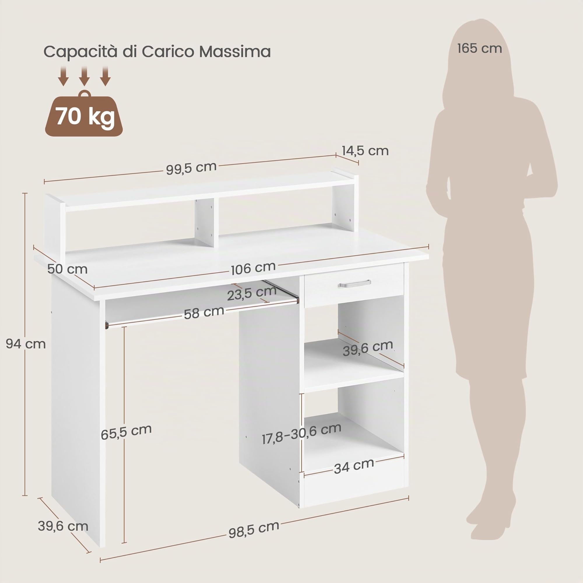 Yaheetech Scrivania per Computer Bianco Tavolo per PC da Studio con Cassetto Scrittoio con Libreria da Ufficio Salvaspazio Cameretta 106 x 50 x 94 cm