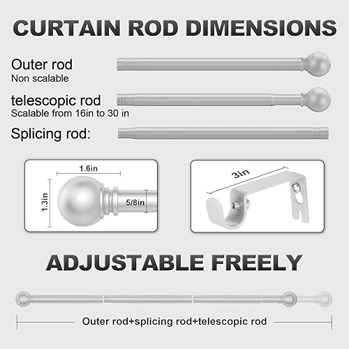 Miniatura 3 de Barras de cortina plateadas para dormitorio con soportes, barra de cortina pequeña de 58 pulgadas de diámetro de 28 a 48 pulgadas, barras de cortina