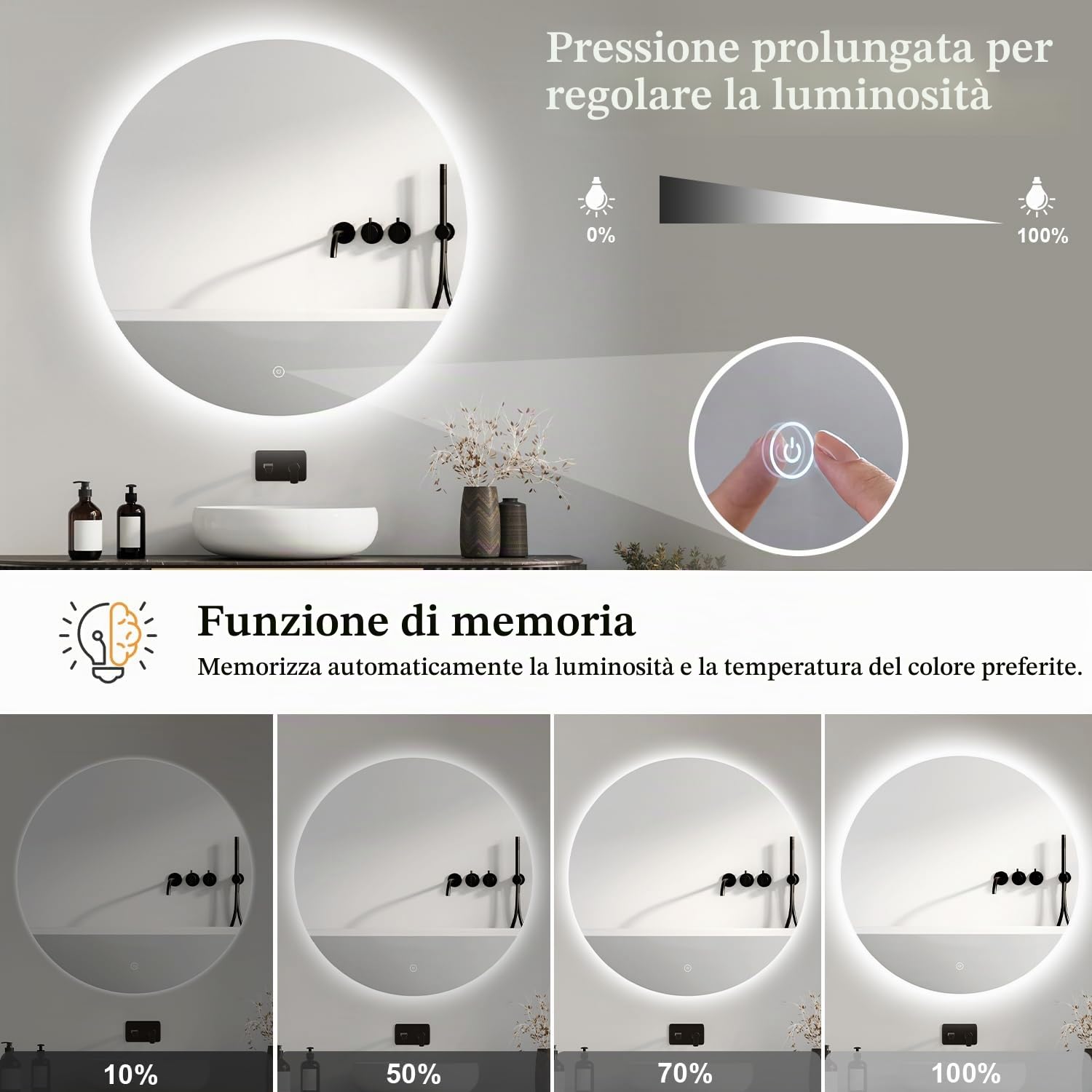 Specchio Bagno Rotondo LED: Specchio Tondo Retroilluminato - Specchio Bagno con Luce 50cm, 3 Colori Luce, Dimmerabile, IP44 Vetro di Sicurezza Infrangibile