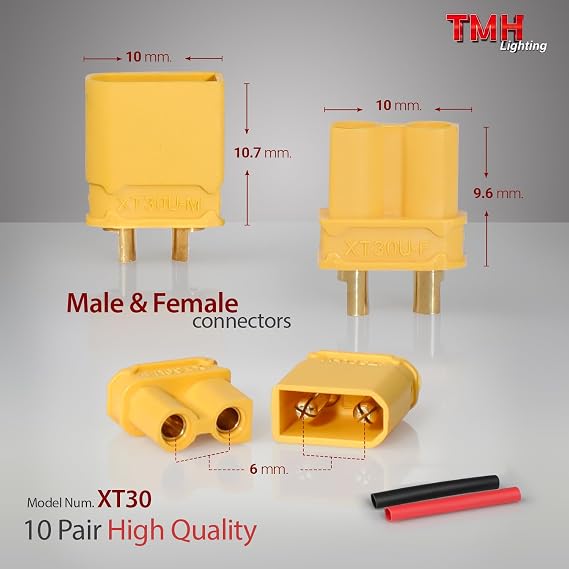 TMH 10 Pairs XT30 Connector Male Female Bullet Connectors Plugs with 40 pcs Heat Shrink Tube for RC Lipo Battery Car Boat (10 Male+10 Female)