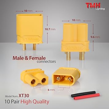 TMH 10 Pairs XT30 Connector Male Female Bullet Connectors Plugs with 40 pcs Heat Shrink Tube for RC Lipo Battery Car Boat (10 Male+10 Female)
