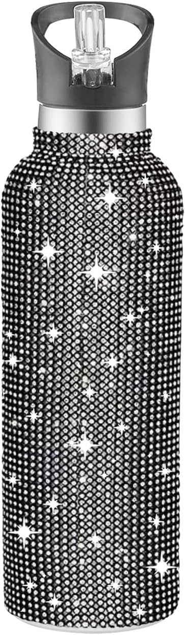 Bling Water Bottle Rhinestone, Diamond Water Bottle with Lid, Rhinestone Water Bottles for Women,Bling Tumblers 600ml（20oz,Black