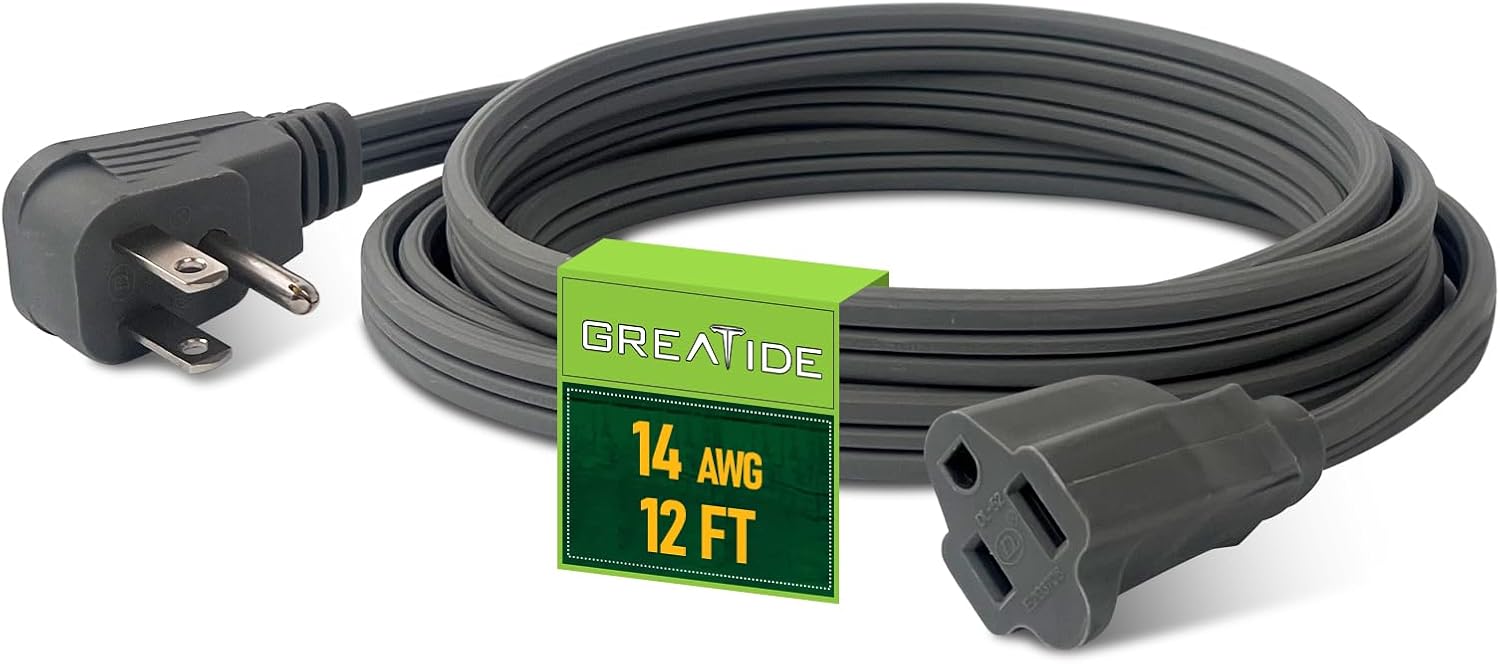 Heavy Duty Appliance Extension Cord 12 ft - 14 Gauge 3 Prong Flat Plug Extension Cord, 15 Amp SPT-3 Extension Cable for Refrigerator, Space Heater, Air Conditioner, Indoor Use, White
