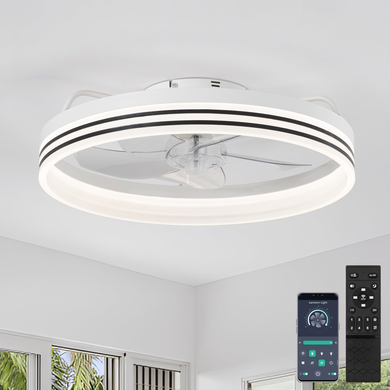 Ventilatore da soffitto moderno Smart da 48,3 cm, con luci e telecomando, dimmerabile LED 5 pale reversibili, ideale per piccole stanze, camera da letto, cucina, colore bianco, tecnologia Fandelier