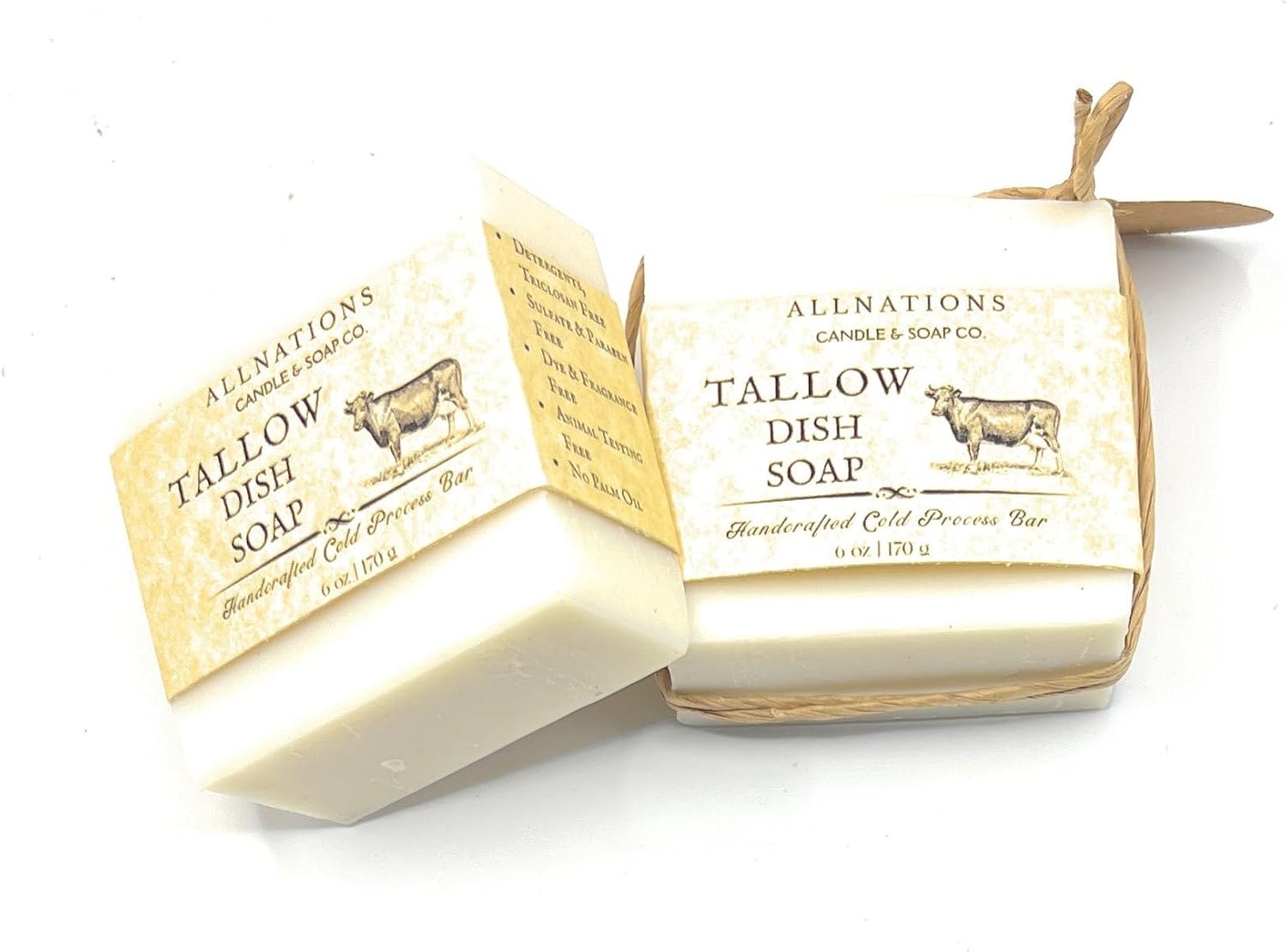 Allnations Soap Co - Handmade Solid Dish Soap Bar - Free of Dyes and Fragrance - 5oz - Unscented - Vegan, (Tallow) image 3
