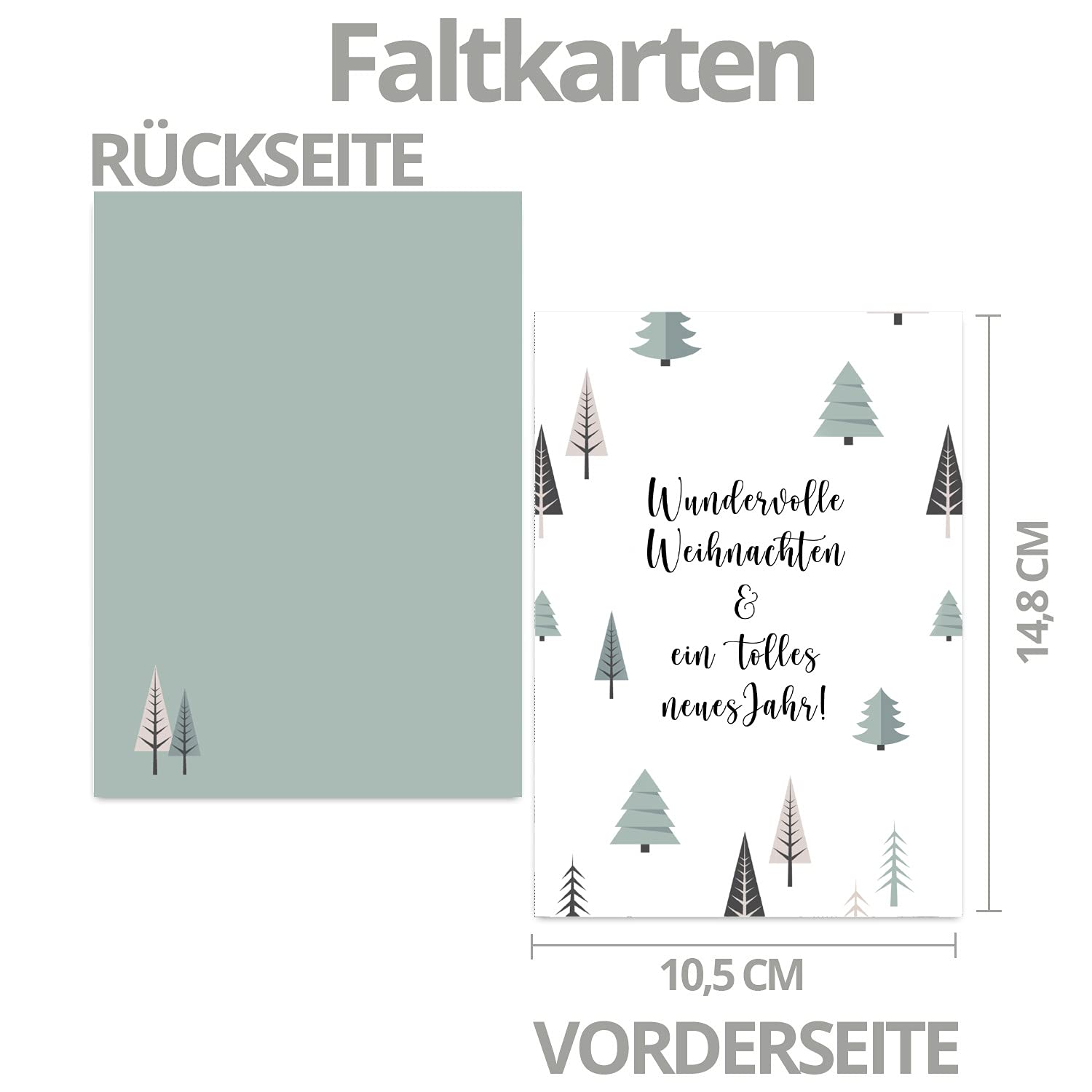 75 tarjetas de Navidad sostenibles DIN A6 en color blanco con árboles de Navidad y texto – Tarjetas plegables con diseño de Navidad – 10,5 x 14,8 cm – saludos de Navidad para empresas y privadas