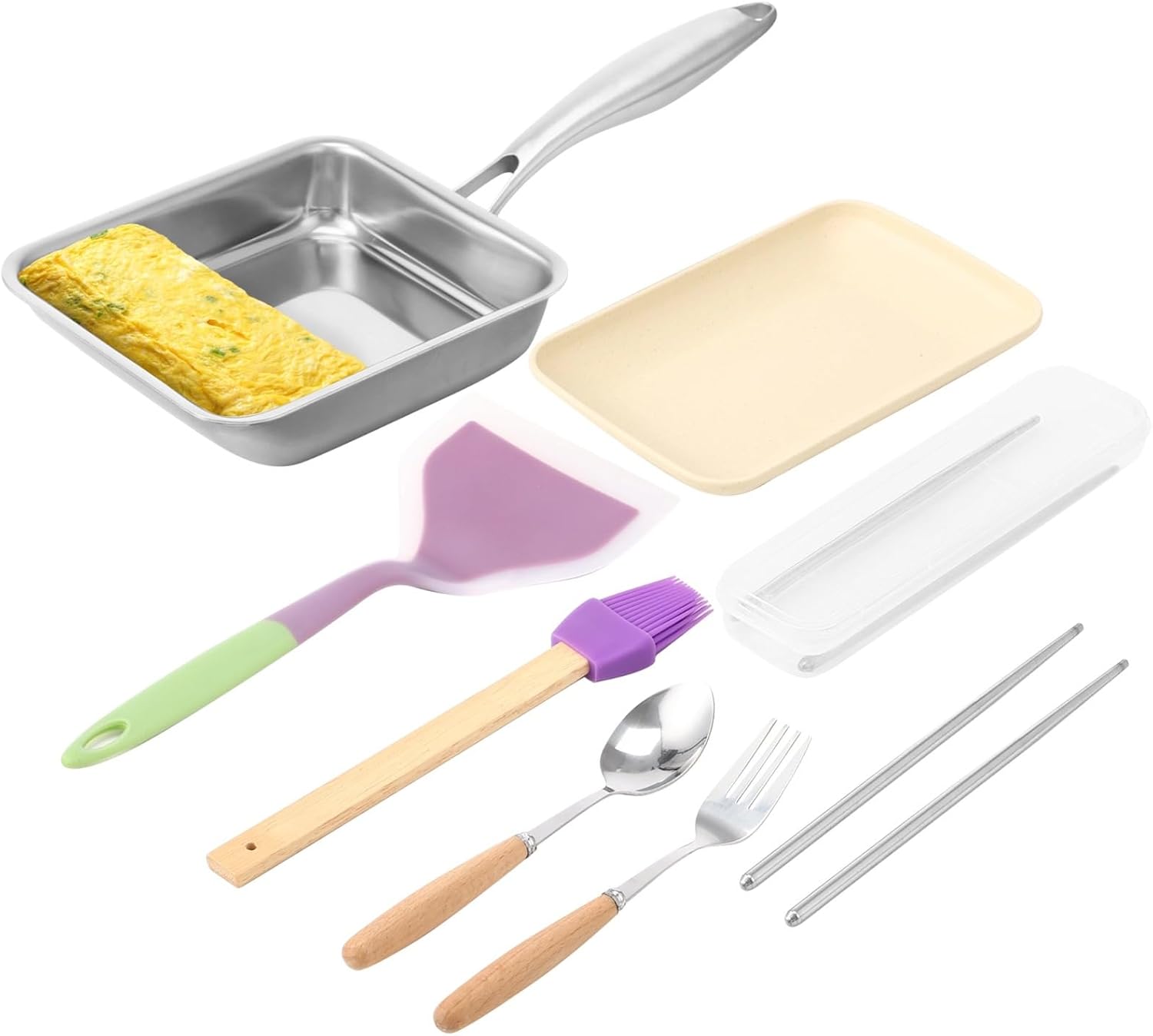 Stainless Steel Tamagoyaki Pan Set, Japanese Omelette Pan with Nonstick Rectangle Egg Pan, Utensils, Spatula, Brush, Induction Cooker Compatible