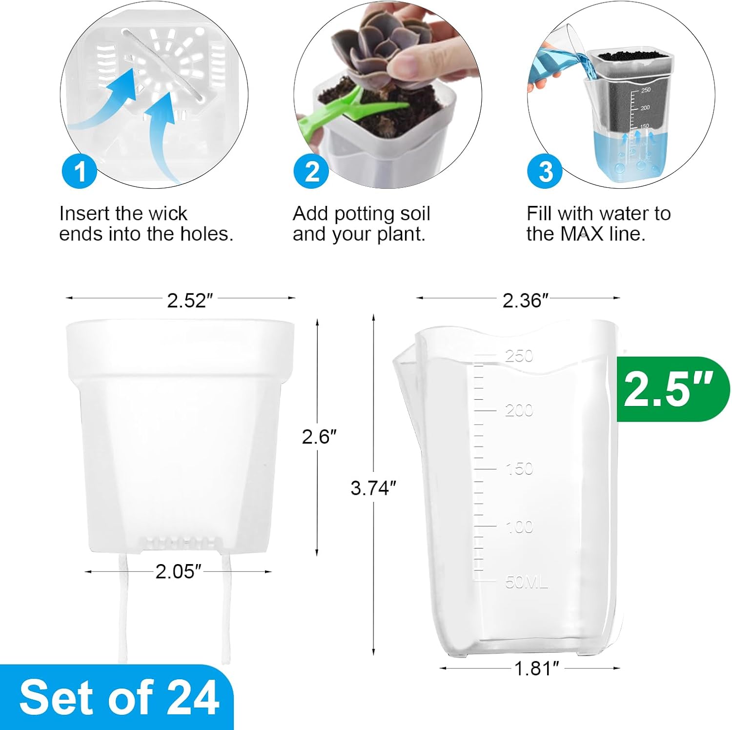 24 Pack 2.5" Small Self Watering Pots for Indoor Plants, Clear Plant Pots with Drainage & Water Level, Semi Hydroponic Pots for Propagation, African Violet, Cutting and Succulents