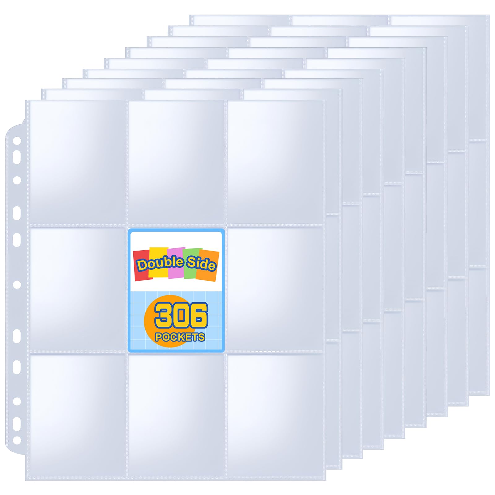 306 Pockets Trading Card Sleeves, Double-Sided 9 Pocket Binder Sheets, Ultra-Clear Card Binder for 3 Ring Binder, 11 Holes Card Sleeves Fit for MTG, Baseball Cards, Business Cards, Coupons