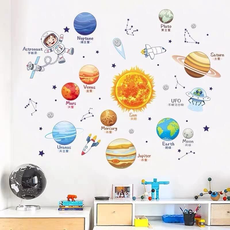 Solar System Cosmic Planet Sun Earth Moon Wall Stickers for Kids Room Bedroom Reading Room Wall Decals School Nursery