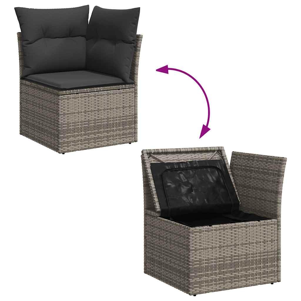 Divano da Giardino 7 Pezzi, con Custodia Integrata per Cuscini, Tavolo Regolabile in Altezza, Polyrattan PE Grigio su Struttura in Acciaio, Cuscini Sfoderabili e Lavabili, per Esterno, Terrazza e Pati