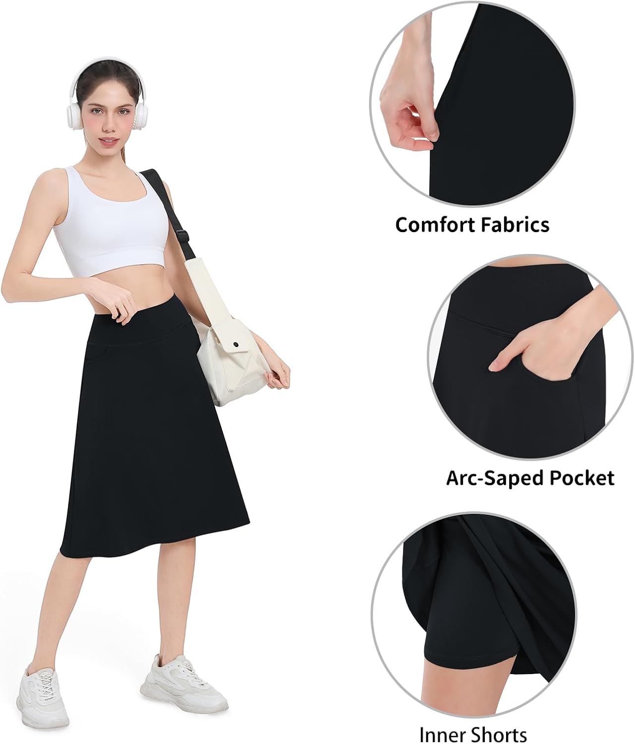 Women's Midi Knee Length Skirts with Arc-Shaped Pockets,26" Knee Long Skorts for Women Athletic Swim Skirts