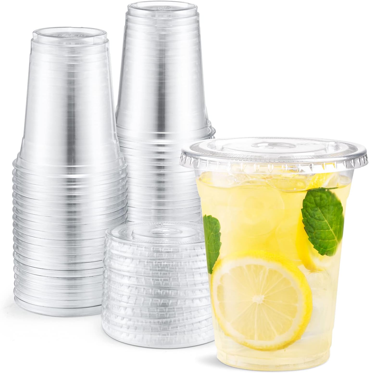 Eupako 12 oz Plastic Cups with Lids 100 Sets Clear Disposable Plastic Party Cups with Flat Lids to Go for Cold Drink, Smoothie, Milkshake