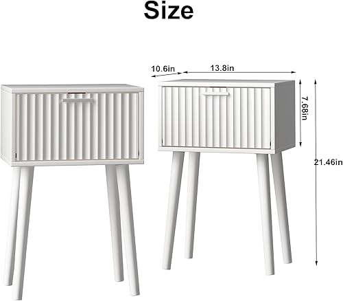 Miniatura 3 de LAATOOREE Juego de 2 mesitas de noche, mesa auxiliar pequeña, mesita de noche con puerta acanalada, pies de madera maciza mesa auxiliar moderna de