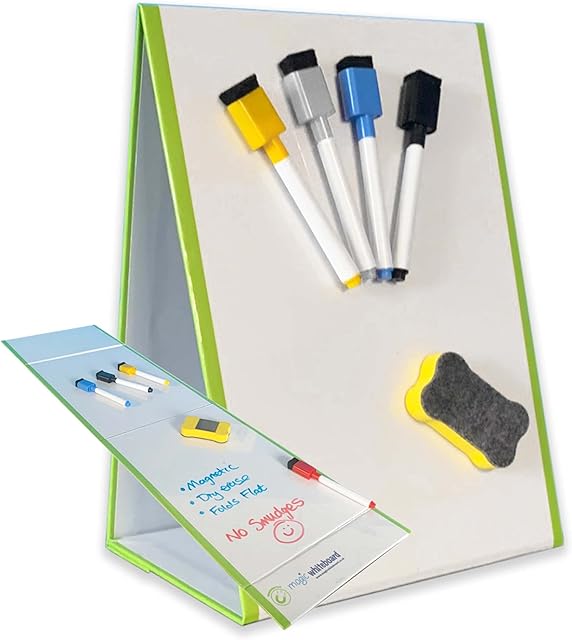 Magnetic Whiteboard Easel for Kids - A4 Foldable Kids Easel Double Sided with 8 Coloured Dry Erase Pens & Eraser - Easy Clean & Portable Drawing Board for Arts, School, & Home by Magic Whiteboard