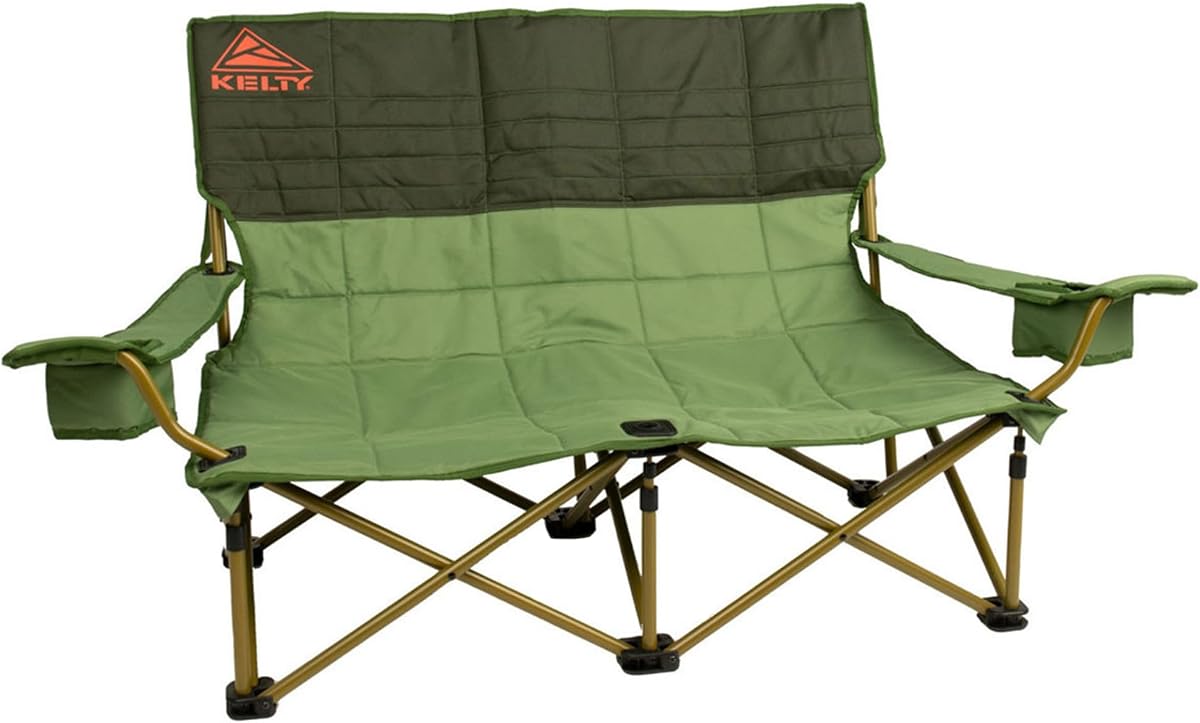 Silla de camping plegable Kelty Low Loveseat para 2 personas (baja altura/eneldo) | Asiento de baja altura, se adapta cómodamente a 2 adultos, ligera reclinación, portavasos con aislamiento, perfecto para juegos de fútbol, conciertos