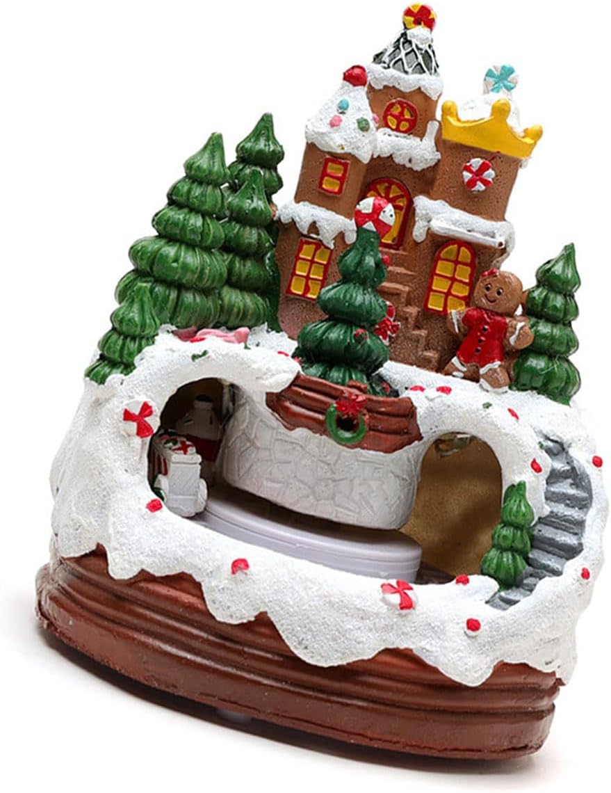 Christmas Cabin Resin Music Box with Rotating Train Lighted LED Musical Cabin Figurine Decoration Christmas Village Collectible Building