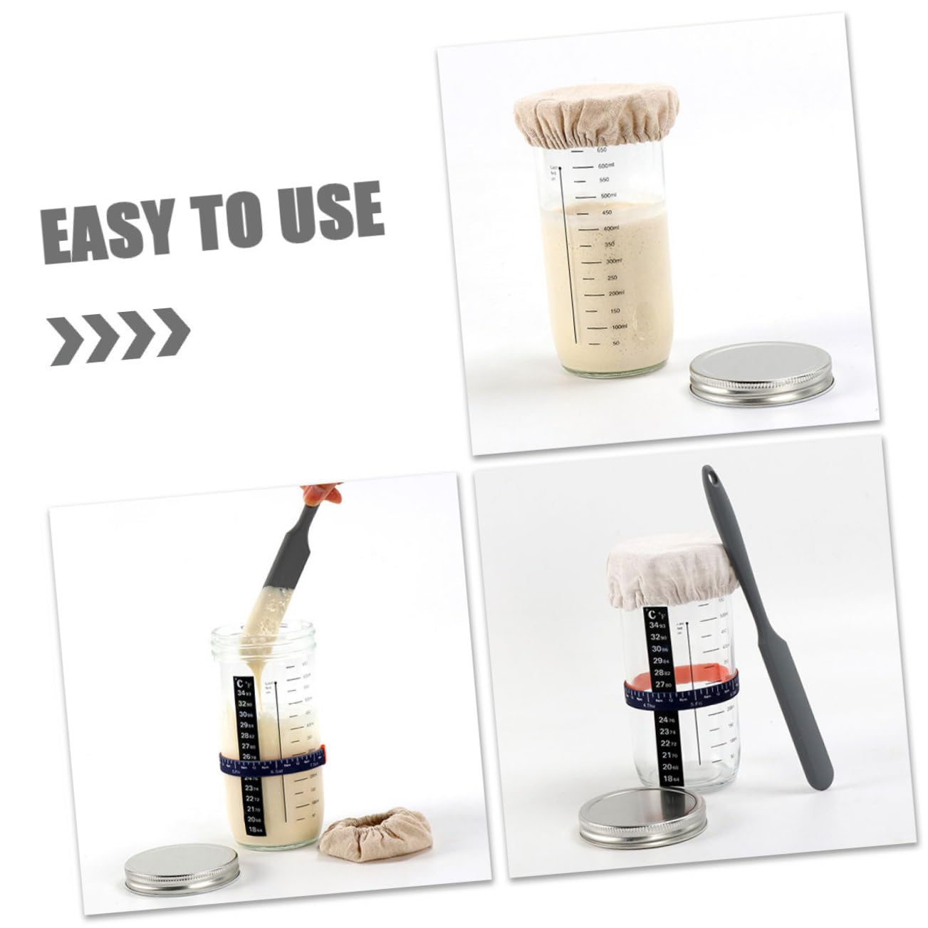 SECFOU 1set Barattoli per Lievito Madre con Coperchio e Misurazione Barattolo Riutilizzabile per Fermentazione Sourdough Starter con Spatola e Fascia Elastico per Conservazione Cucina