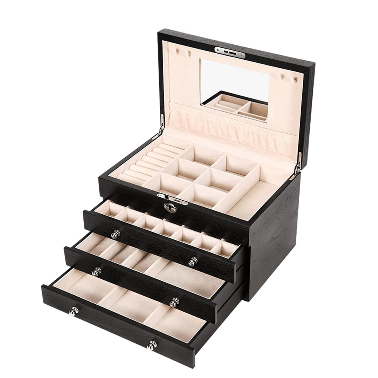 Joyero de madera de gran capacidad, caja organizadora de joyería de estilo Retro, caja de almacenamiento de joyería de maquillaje para mujer (negro) Beauty Comes