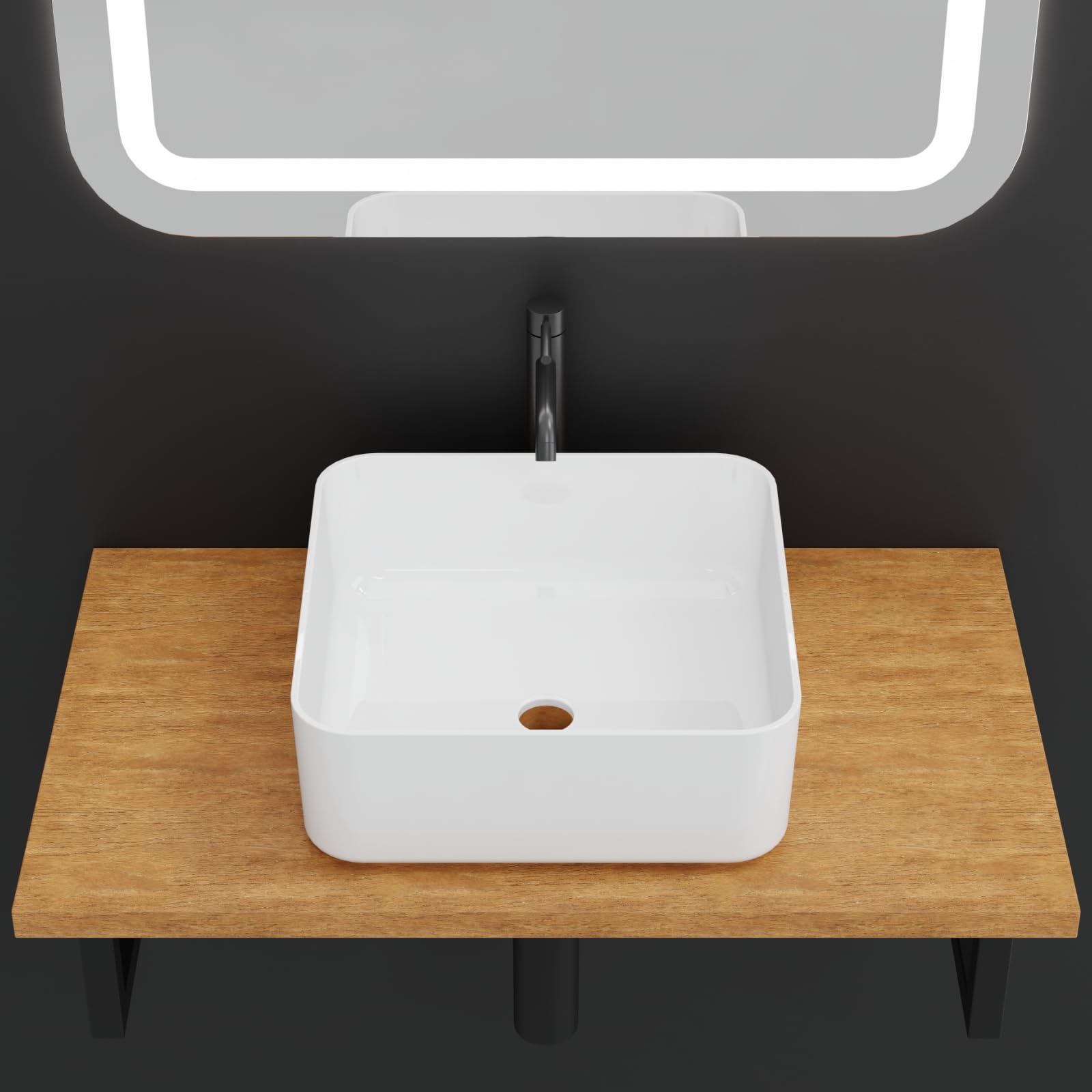 HAGO 24 | Lavabo in ceramica | quadrato 39 x 39 cm | bianco | angoli arrotondati | bordo stretto | Lavabo da appoggio | Ceramica | Antigraffio | Attacco standard