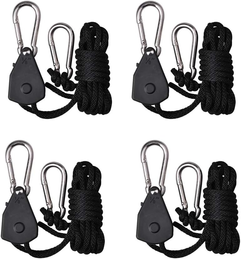 4PCS/2 Pairs Adjustable Rope Hanger Ratchet Tie Down Ratchet Straps Grow Light Hangers 1/8'' 150lb Reinforced Internal Gears Ratchets for LED Grow Lights, Various Hanging and Strapping