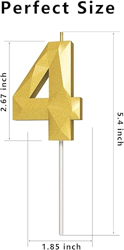 Miniatura 2 de Velas de cumpleaños con número (4 velas doradas) con forma de diamante 3D, velas de pastel de feliz cumpleaños para fiesta de cumpleaños, boda,