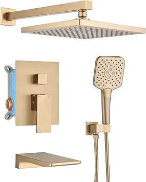 Shower system with Tub Spout, Wall Mounted Shower Faucet Set for Bathroom, High Pressure 10-inch Rain Shower head and 3-Setting Handheld Shower Head Set,Brushed Gold