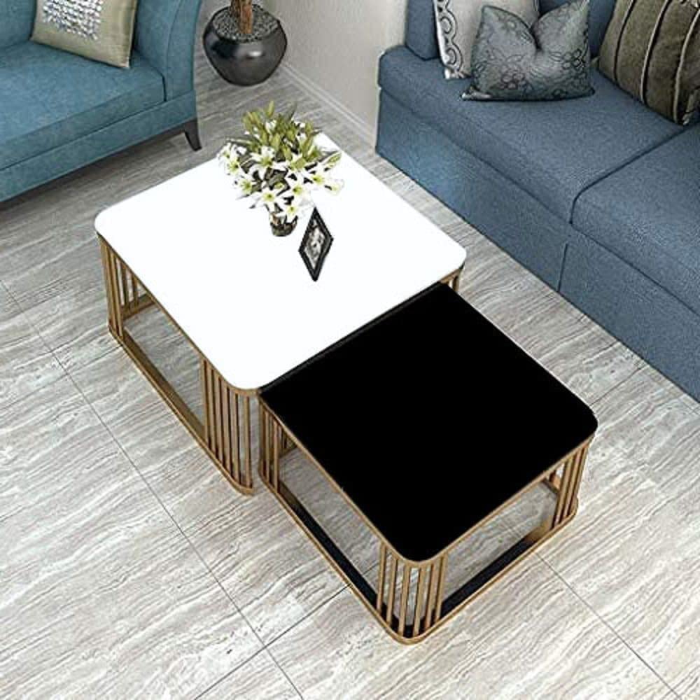 Brown Art SHOPPEE Square Coffee Table Home Décor Furniture Coffee Table Sets,2 Piece MDF Top,Stacking Nesting Table with Iron Frame for Living Room Living Room or Lounge (Gold & White & Black) 3