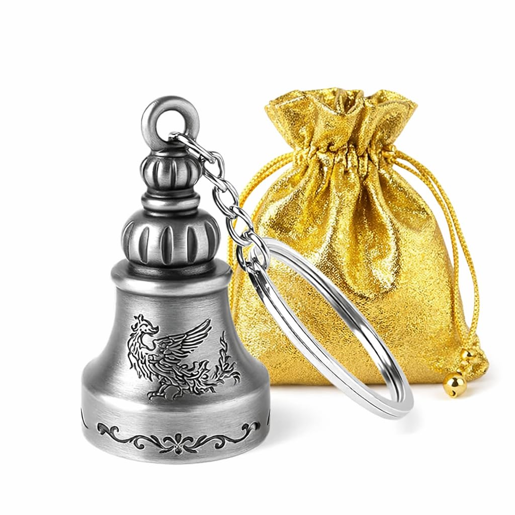 Guardian Bell Keychain for Bike & Car | Tibetan Texture Bell Keychain with Key chain Silver Hook | Good Luck Charm | Guardian Bell Key Chain | Silver Colour-image-7