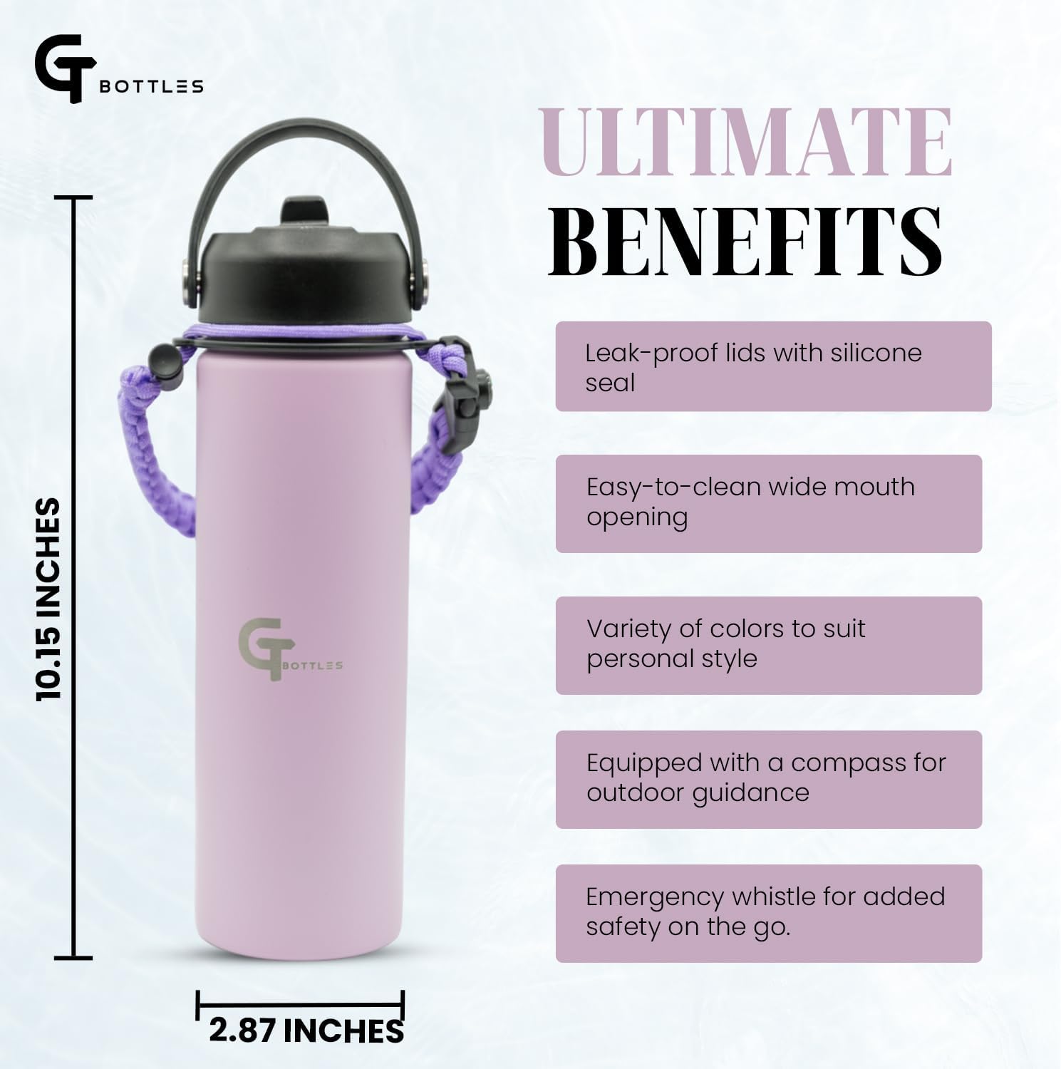 22oz Stainless Steel Vacuum Insulated Wide Mouth Water Bottle with 3 Lids and Paracord Handle for Hot & Cold Beverage (Light Purple, 22oz) - Image 2