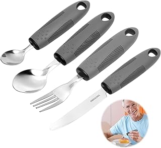 Senioren Besteck für Behinderte 4-teilig – Ergonomisches Parkinson Besteck mit Griffverdickung, rutschfestes Seniorenbesteck aus Edelstahl, spülmaschinenfest, Esshilfe