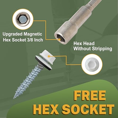 Miniatura 5 de LIONMAX Tornillos de metal para techos #14 × 1-12 pulgadas, 300 unidades, tornillos de techo de chapa de metal pintado en blanco, arandela de goma,