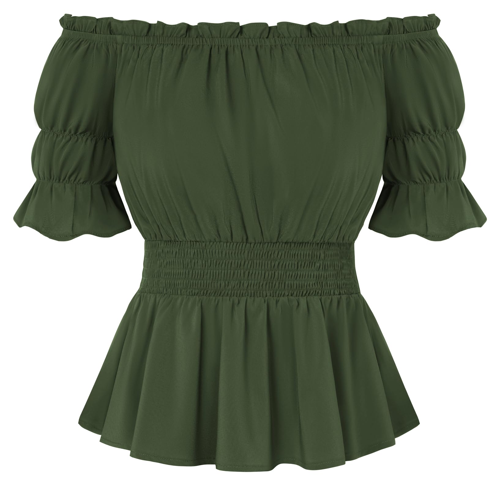 SCARLET DARKNESS Women's Medieval Off-Shoulder Elastic Waist Top with Ruffled Neckline, Sleeves and Hem Green XL