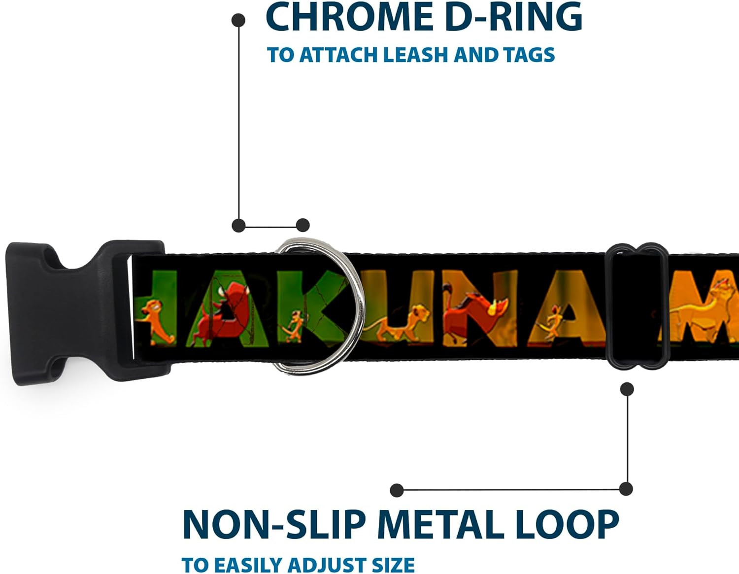 Dog Collar Plastic Clip Hakuna Matata Black Lion King Scenes 18 to 32 Inches 1.5 Inch Wide