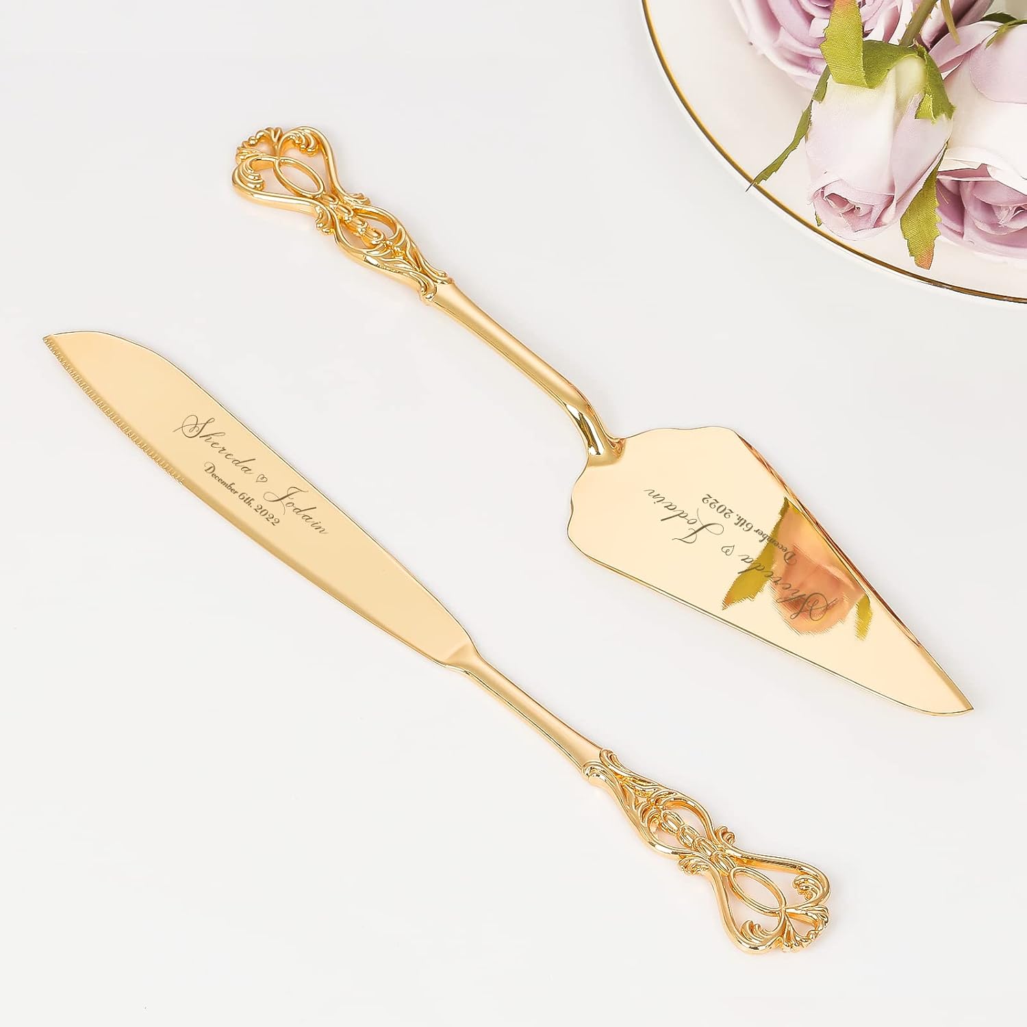Wedding Cake Knife and Server Set, Personalized Gold Cake