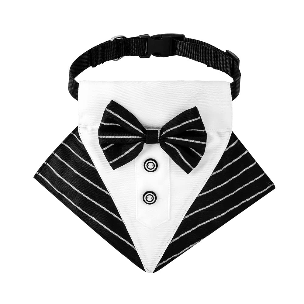 Dog Tuxedo, Dog Wedding Bandana Collar with Bow Tie, Adjustable Dog Tux Formal Dog Costumes for Small Medium Large Dogs (Black Stripe, M)