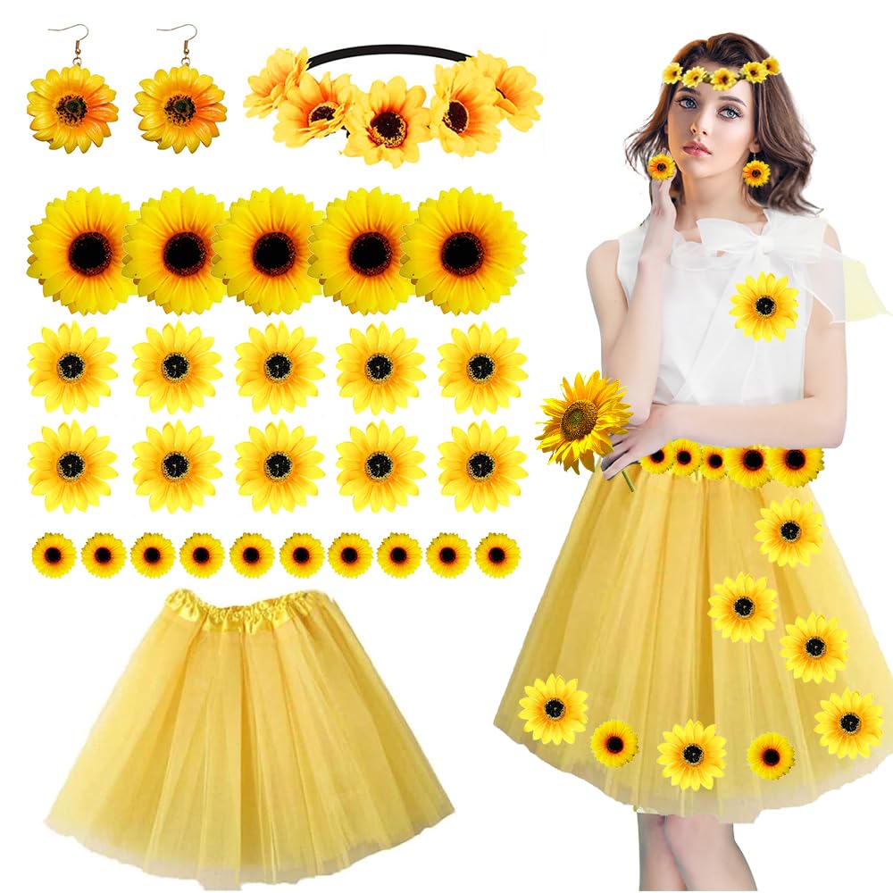 Women's Sunflower Costume, Tutu Skirt Yellow Tulle Skirt + 1 Pair of Sunflower Dangle Earring + Sunflower Headband Hair Accessories + 25 Pieces Sunflower Flower Heads for Carnival Theme Party Cosplay