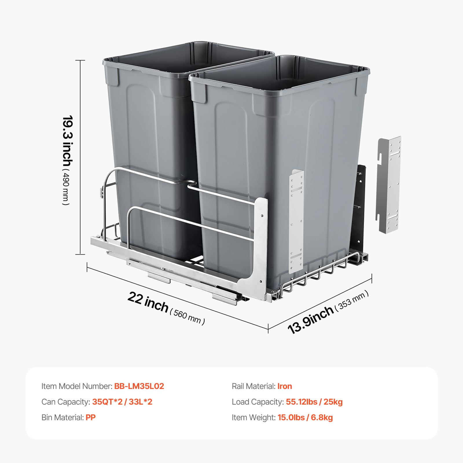 VEVOR ausziehbarer Abfallbehälter (35 Qt x2), doppelter Unterbau-Küchenabfallbehälter, Mülleimer mit Türsatz & Soft-Close-Schieberegler, für Küchenschrank Spüle unter der Theke (grau)