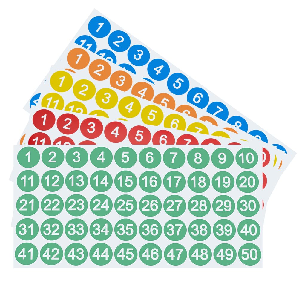 SOFPLATE 10 Sheets 1 Inch Number Stickers Small 1-50 Round Number Labels Multi Color Paper Self Adhesive Decal Pattern Vinyl Consecutive Storage Sticker Bulk for Inventory Box Classification Organize