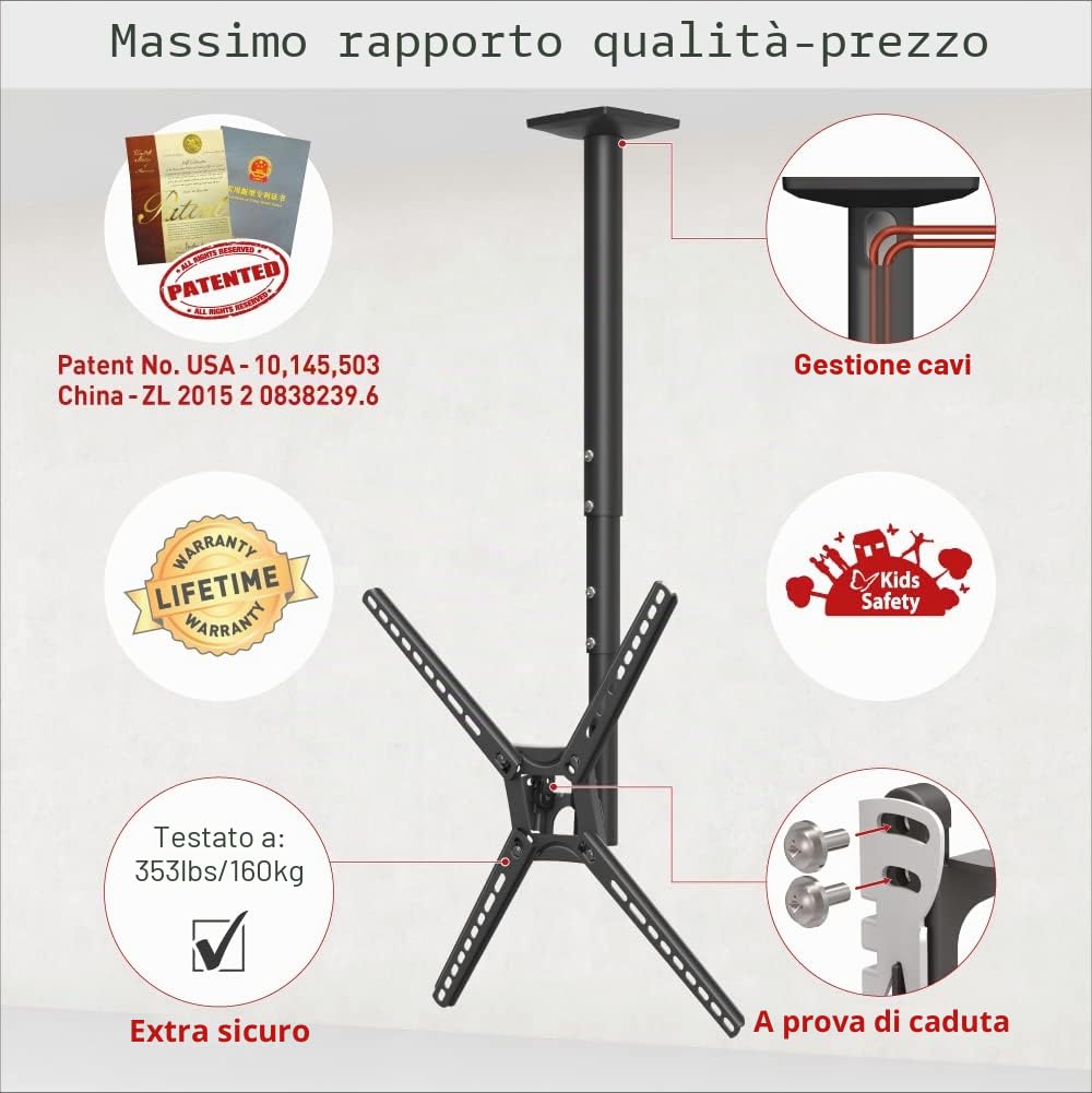 Barkan Supporto da soffitto lungo 97 cm, inclinabile da 29 – 65 pollici, movimento piatto e curvo, può contenere fino a 40 kg, telescopico regolabile in altezza, per LED OLED LCD, max. VESA 400 x 400,