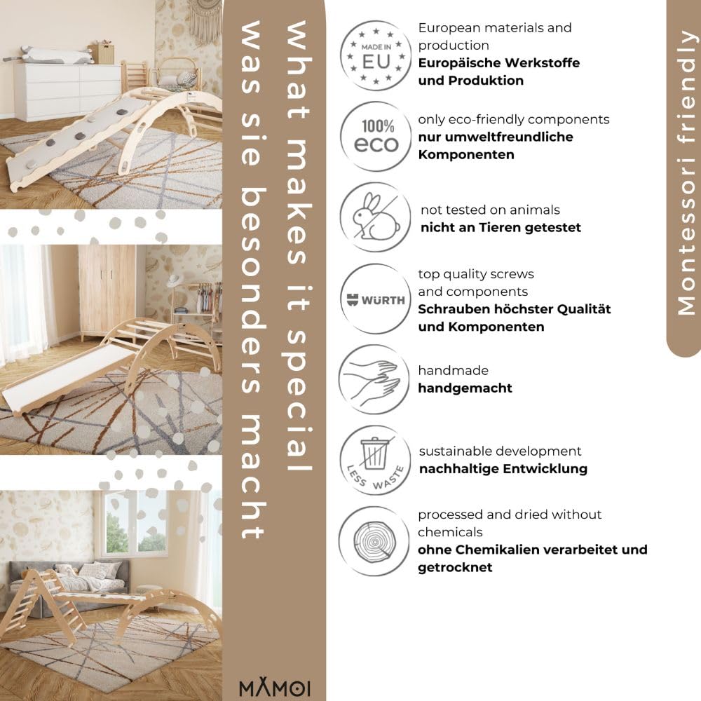 MAMOI® Kletterbogen mit Rutsche, Kletterdreieck, Klettern, Klettergerüst aus Holz, Holzbogen, Rutschbrett für Spielplatz, Klettergerüst Indoor
