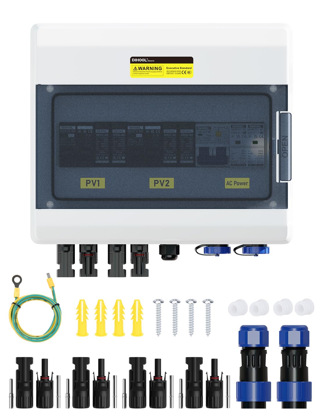 DIHOOL Disjoncteur DC protection contre les surtensions système photovoltaïque 2 chaînes 1000V 25A 2x500W boîte de jonction solaire avec protection contre les surtensions AC