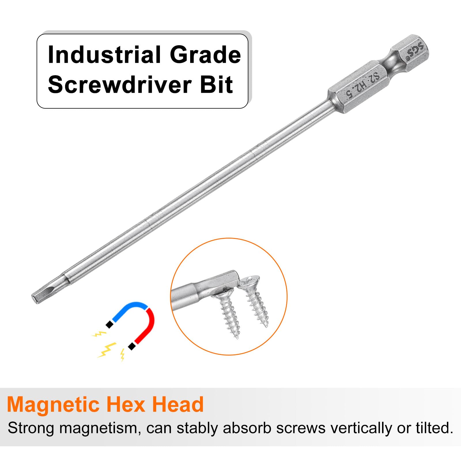 HARFINGTON 2pcs H2.5 Hex Head Drill Bit Wrench 2.5mm Metric Flat Tip 1/4" Hex Shank 150mm (6") Long Magnetic Hexagonal Screw Driver Socket Industrial Screwdriver Power Bits - View #3